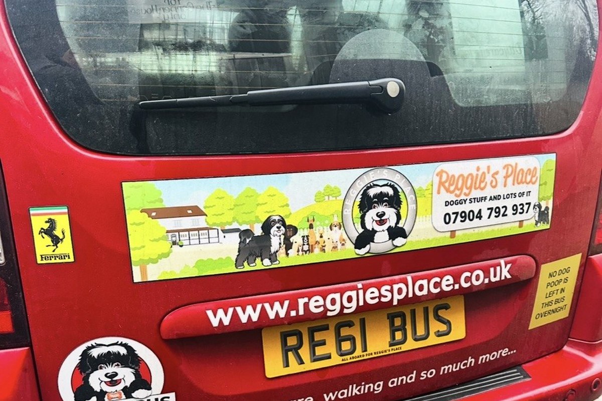 The rear of a red Reggie Bus van with branding